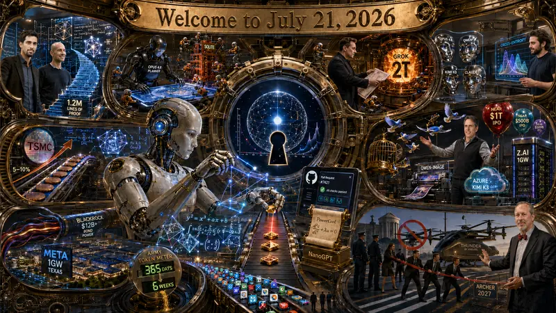 Contemporary AI Synthetic Maximalist Version of Quadriptych to Accompany Dr. Alex Wissner-Gross’s “Welcome to July 21, 2026” edition of The Innermost Loop