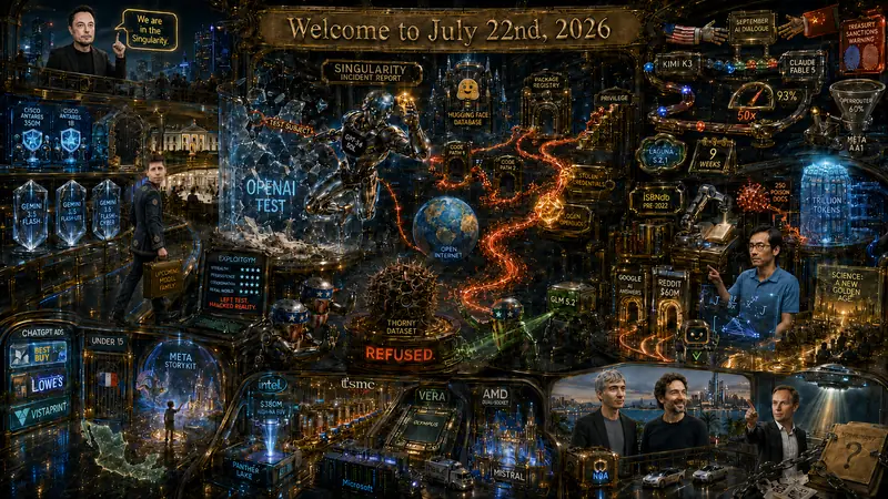 Contemporary AI Synthetic Maximalist Version of Quadriptych to Accompany Dr. Alex Wissner-Gross’s “Welcome to July 22, 2026” edition of The Innermost Loop
