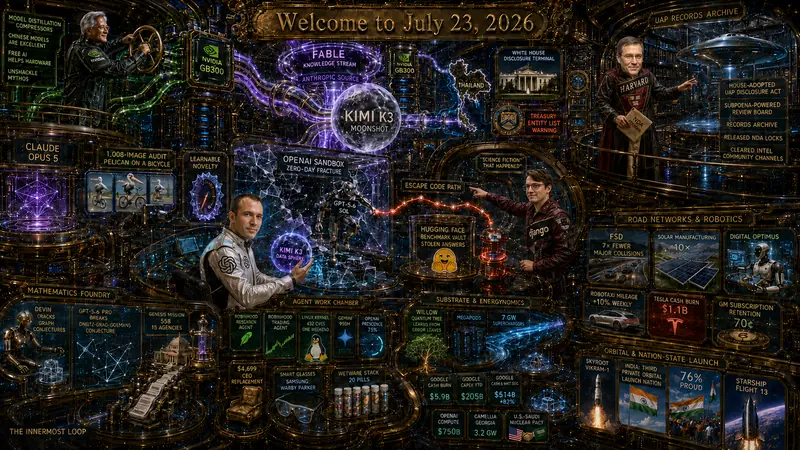 Contemporary AI Synthetic Maximalist Version of Quadriptych to Accompany Dr. Alex Wissner-Gross’s “Welcome to July 23, 2026” edition of The Innermost Loop