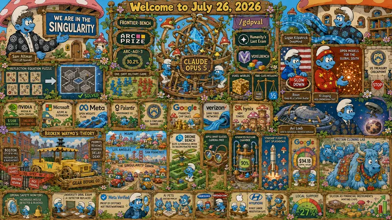 Smurfy Version of Quadriptych to Accompany Dr. Alex Wissner-Gross’s “Welcome to July 26, 2026” edition of The Innermost Loop
