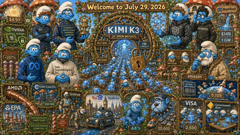 Smurfy Version of Pentaptych to Accompany Dr. Alex Wissner-Gross’s “Welcome to July 29, 2026” edition of The Innermost Loop