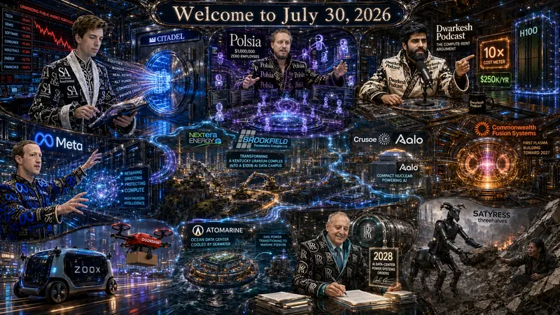 Contemporary AI Synthetic Maximalist Version of Pentaptych to Accompany Dr. Alex Wissner-Gross’s “Welcome to July 30, 2026” edition of The Innermost Loop