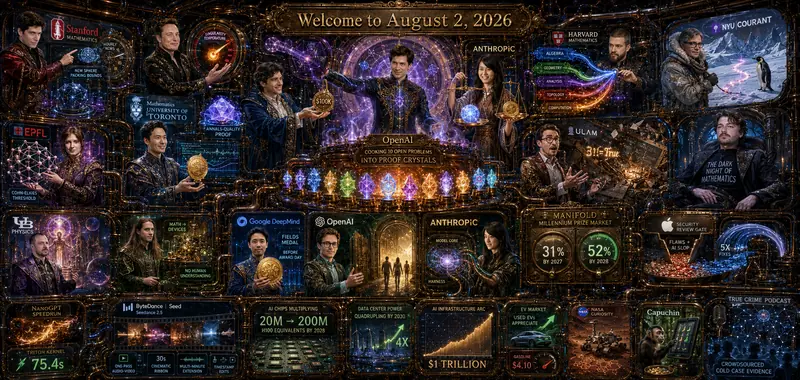 Contemporary AI Synthetic Maximalist Version of Octaptych to Accompany Dr. Alex Wissner-Gross’s “Welcome to August 2, 2026” edition of The Innermost Loop